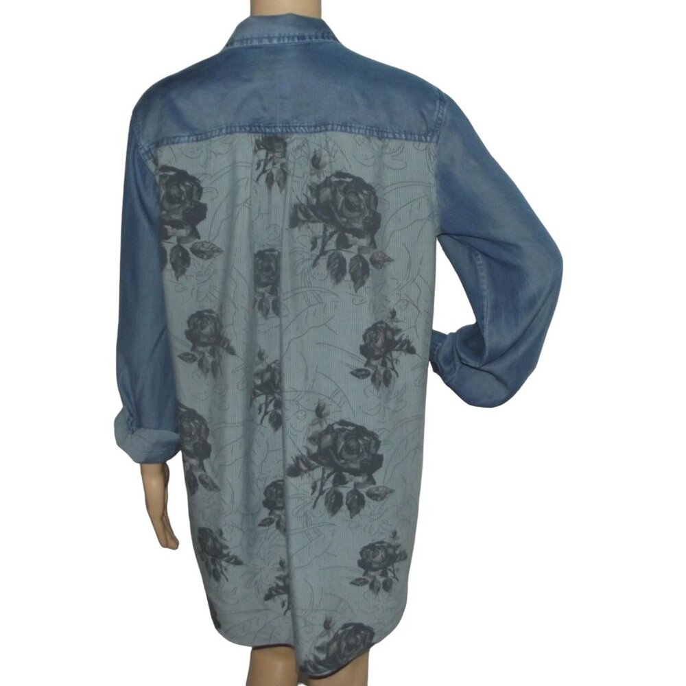 Natural Reflections Shirt Sz Large blue chambray Gray Striped Floral Back tunic